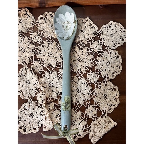 Hand Painted in Duck Egg Blue with Transferware Florals Decorative Wood Spoon - Picture 2 of 6